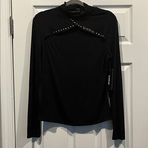 Bebe Swarovski. Logo Studded Black Long Sleeve Top with Cutout Detail‎ Y2K